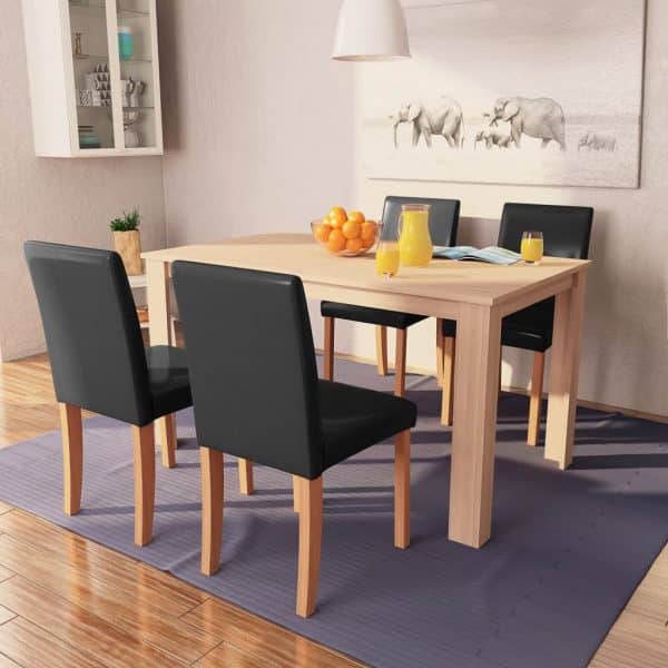 Spisebord og -stole 5 dele kunstlæder egetræ sort