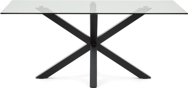 Spisebord Kave Home Argo 180x100 cm i klart hærdet glas og sort pulverlakeret stål til 8 personer