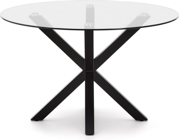 Spisebord Kave Home Argo Ø119 cm hærdet glas og sort pulverlakeret stålstel