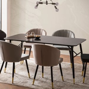 Spisebord 200x90x76 cm, sort spisebord med marmorlook, moderne, stort køkkenbord, rektangulært spisebord, spisebord med metalben