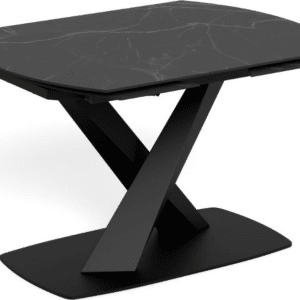Spisebord Signature Novelle, ovalt 180x90 cm, mat sort Perla-keramik bordplade, X-stel i pulverlakeret stål, rotationsudtræk